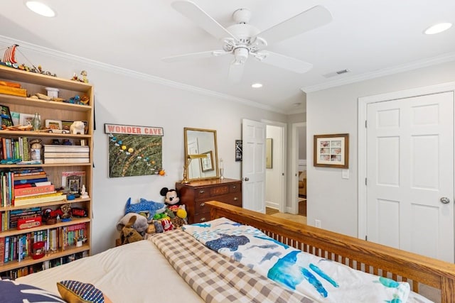 210 Cherokee Rd, Nashville, TN 37205 - bedroom featuring recessed lighting, visible vents, ornamental molding, and a ceiling fan