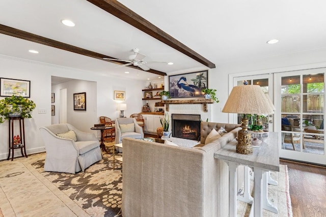 210 Cherokee Rd, Nashville, TN 37205 - living area featuring recessed lighting, a fireplace, ornamental molding, and beam ceiling