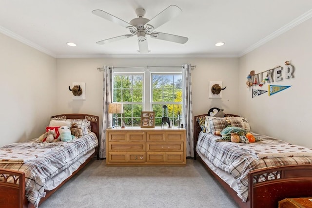 210 Cherokee Rd, Nashville, TN 37205 - bedroom with light carpet, recessed lighting, ornamental molding, and ceiling fan