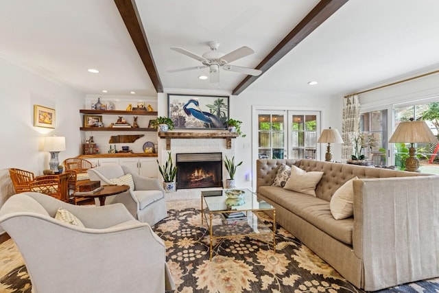 210 Cherokee Rd, Nashville, TN 37205 - living area with recessed lighting, a large fireplace, beam ceiling, and ceiling fan