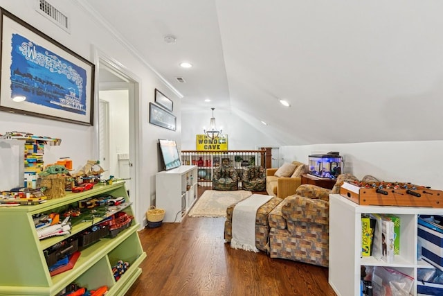 210 Cherokee Rd, Nashville, TN 37205 - recreation room featuring crown molding, visible vents, wood finished floors, and lofted ceiling