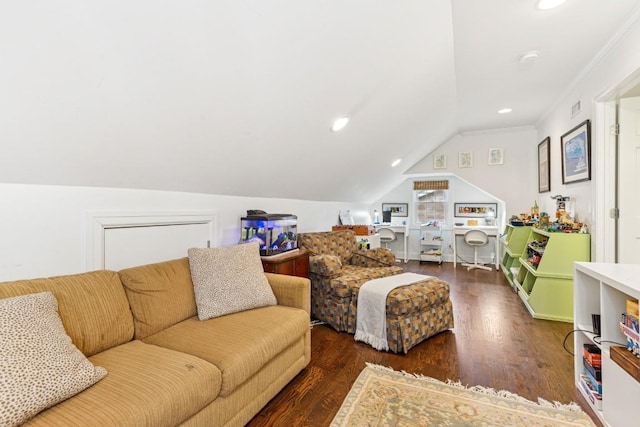 210 Cherokee Rd, Nashville, TN 37205 - living room featuring ornamental molding, visible vents, vaulted ceiling, recessed lighting, and wood finished floors