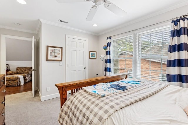 210 Cherokee Rd, Nashville, TN 37205 - carpeted bedroom featuring baseboards, ornamental molding, recessed lighting, visible vents, and ceiling fan