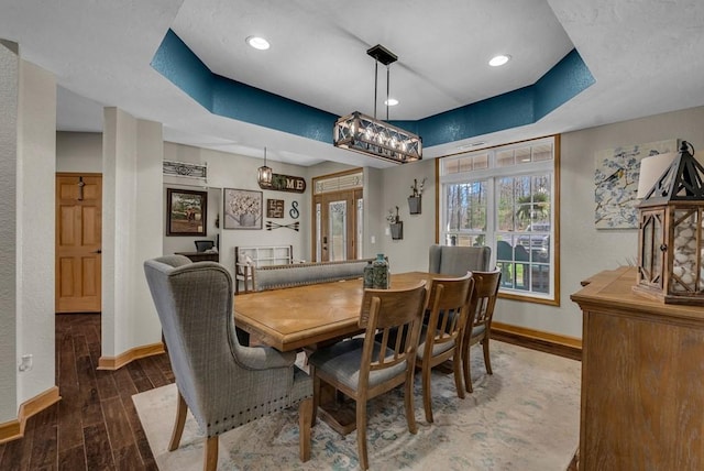 700 Falls Rd, Monterey, TN 38574 - dining space with baseboards, a raised ceiling, recessed lighting, wood finished floors, and french doors