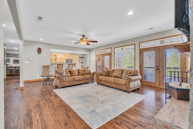 700 Falls Rd, Monterey, TN 38574 - living area with french doors, a ceiling fan, wood finished floors, and visible vents