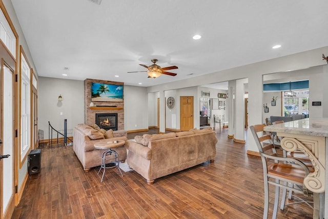 700 Falls Rd, Monterey, TN 38574 - living room with dark wood-style flooring, ceiling fan, recessed lighting, and a fireplace