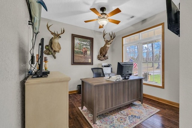 700 Falls Rd, Monterey, TN 38574 - office with visible vents, baseboards, a ceiling fan, and dark wood-style floors