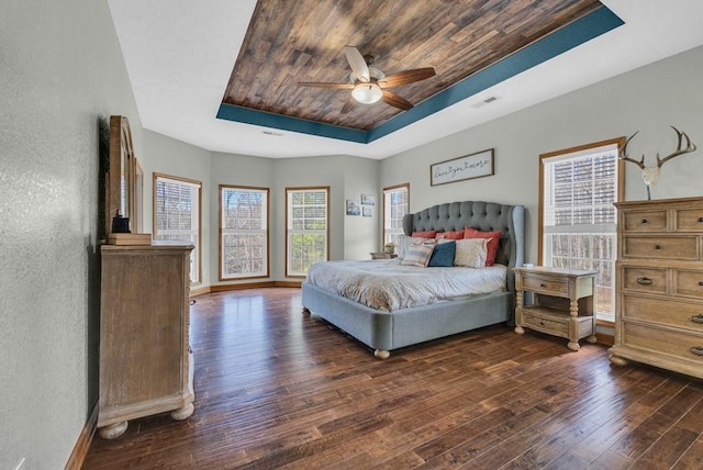 700 Falls Rd, Monterey, TN 38574 - bedroom with dark wood-style flooring, baseboards, visible vents, a tray ceiling, and wooden ceiling