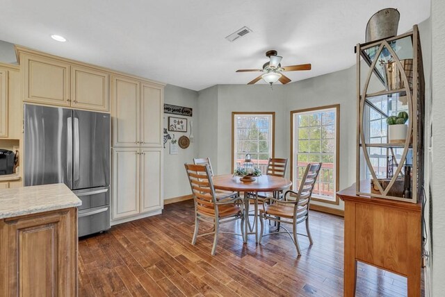 700 Falls Rd, Monterey, TN 38574 - dining room featuring dark wood-style floors, visible vents, baseboards, and ceiling fan