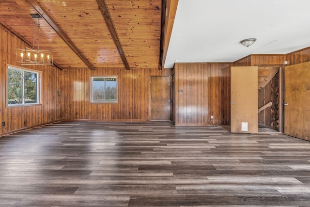 1500 Lock B Rd S, Clarksville, TN 37040 - spare room with a chandelier, wood finished floors, wood walls, and lofted ceiling with beams