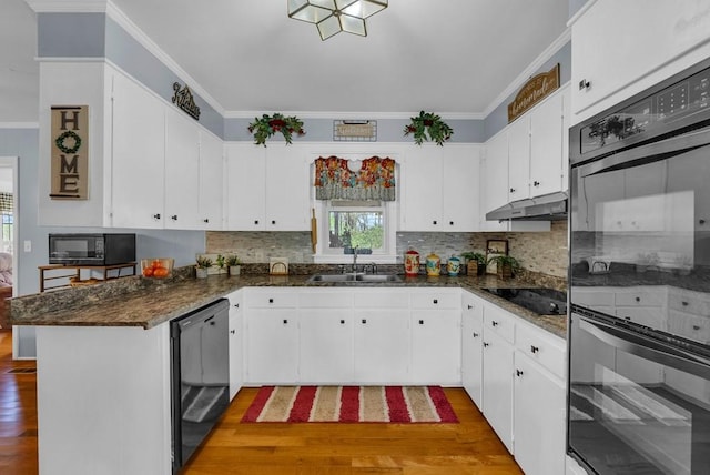 kitchen with a peninsula, ornamental molding, black appliances, under cabinet range hood, and a sink