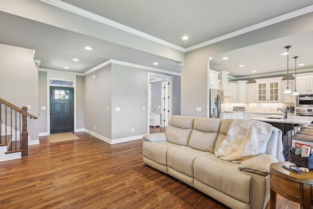 2042 Imagine Cir, Spring Hill, TN 37174 - living area featuring dark wood-style floors, recessed lighting, stairway, crown molding, and baseboards
