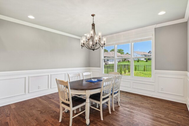 2042 Imagine Cir, Spring Hill, TN 37174 - dining room featuring a chandelier, ornamental molding, wainscoting, recessed lighting, and dark wood-type flooring