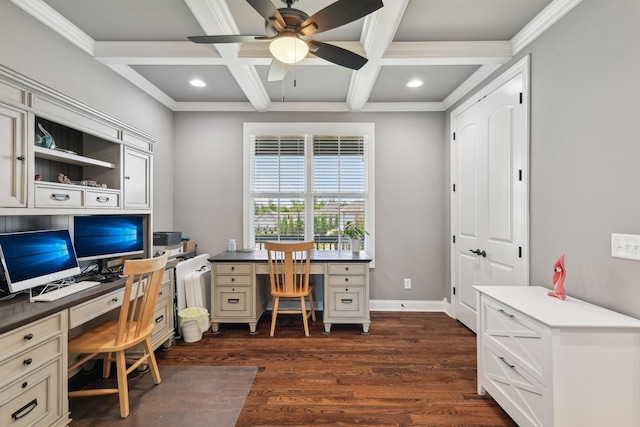 2042 Imagine Cir, Spring Hill, TN 37174 - office space featuring ceiling fan, coffered ceiling, dark wood-type flooring, beam ceiling, and recessed lighting