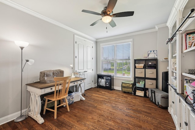 2042 Imagine Cir, Spring Hill, TN 37174 - office area with crown molding, ceiling fan, dark wood finished floors, and baseboards