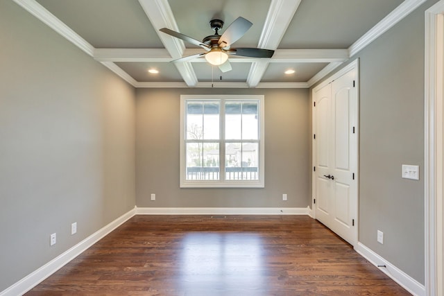 2042 Imagine Cir, Spring Hill, TN 37174 - unfurnished bedroom featuring coffered ceiling, wood finished floors, beamed ceiling, baseboards, and recessed lighting