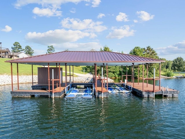 view of dock featuring a water view and boat lift