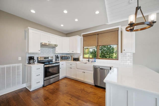 kitchen with appliances with stainless steel finishes, under cabinet range hood, visible vents, dark wood finished floors, and a sink