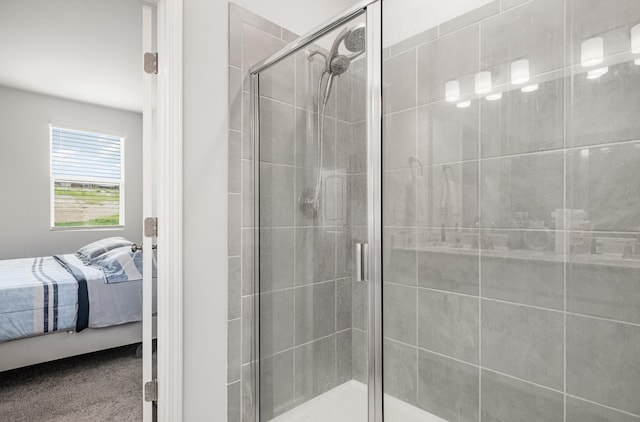 ensuite bathroom with a shower stall and connected bathroom