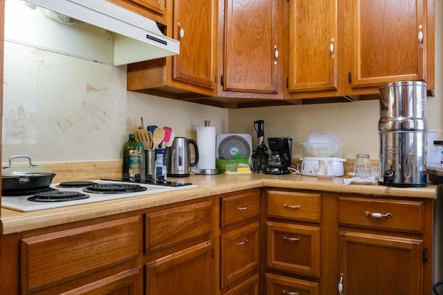 1601 Harvie Mills Rd W, Cookeville, TN 38501 - kitchen featuring white electric cooktop, under cabinet range hood, light countertops, and brown cabinets