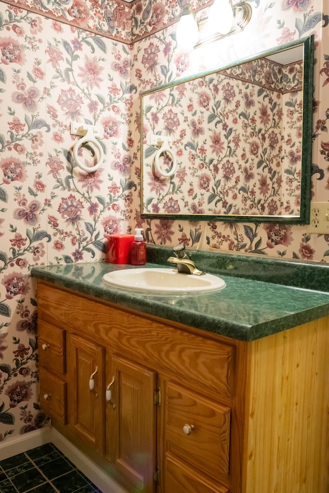 1601 Harvie Mills Rd W, Cookeville, TN 38501 - bathroom with wallpapered walls, vanity, baseboards, and tile patterned flooring