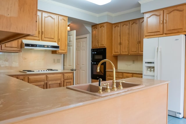 1601 Harvie Mills Rd W, Cookeville, TN 38501 - kitchen featuring white appliances, crown molding, under cabinet range hood, decorative backsplash, and a sink