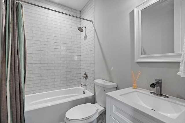 full bathroom with toilet, vanity, and shower / bath combination with curtain