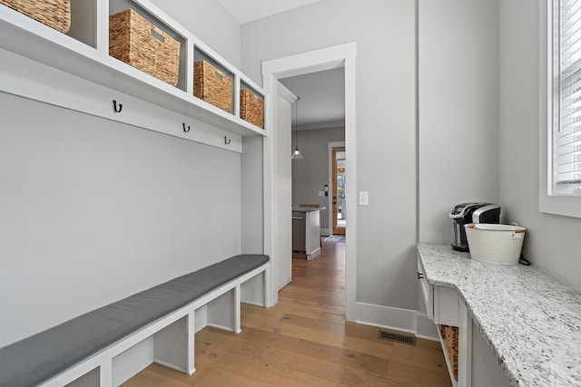 mudroom featuring a wealth of natural light, light wood-style floors, and baseboards