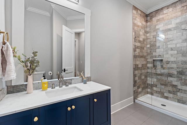 full bath with baseboards, ornamental molding, tile patterned flooring, vanity, and a stall shower