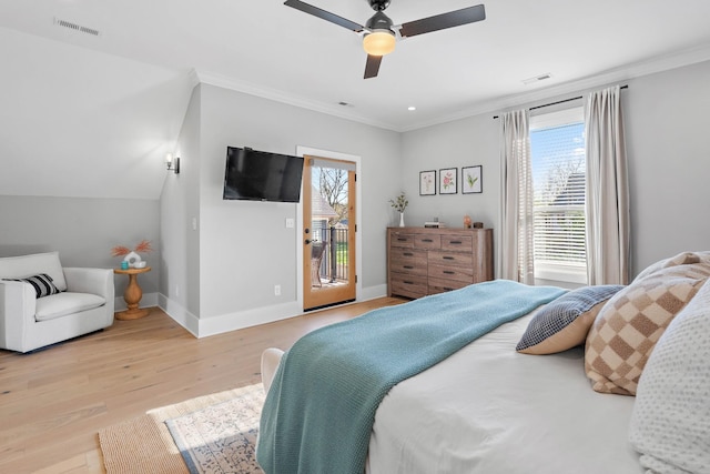 bedroom with light wood finished floors, visible vents, access to exterior, and crown molding