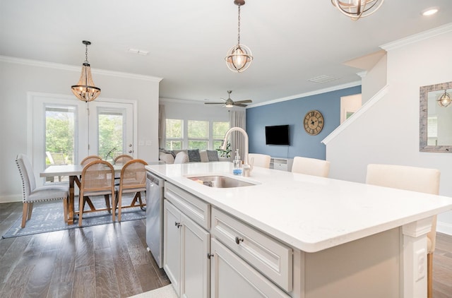 kitchen with open floor plan, dark wood-style flooring, a sink, and ornamental molding