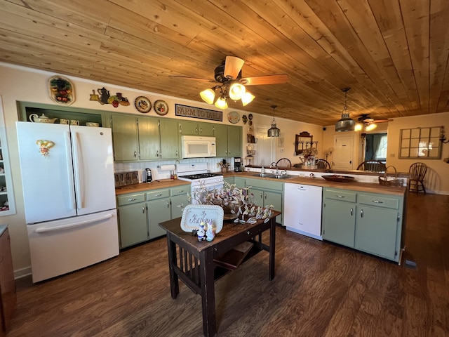 kitchen with white appliances, green cabinetry, ceiling fan, a peninsula, and wood ceiling