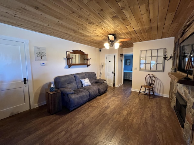 living room featuring a ceiling fan, dark wood-style flooring, wood ceiling, baseboards, and a fireplace