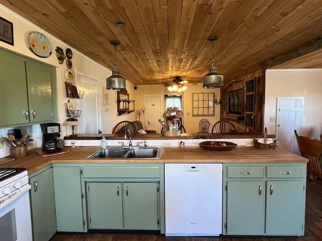 kitchen featuring white appliances, a sink, a peninsula, wood ceiling, and pendant lighting