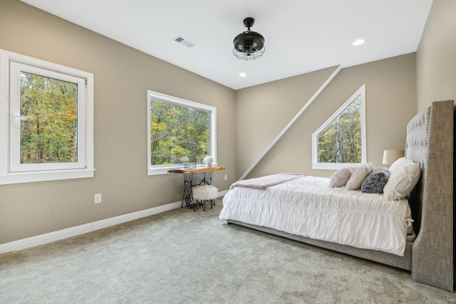 bedroom featuring recessed lighting, carpet, visible vents, and baseboards