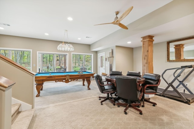 game room featuring pool table, recessed lighting, carpet flooring, a ceiling fan, and visible vents