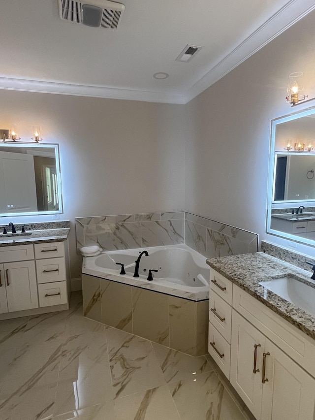 1168 N Franklin Ave, Cookeville, TN 38501 - full bathroom with crown molding, a tub with jets, two vanities, and marble finish floors