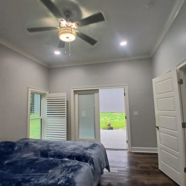 349 Chipman Rd, Bethpage, TN 37022 - bedroom featuring access to outside, dark wood-style flooring, a ceiling fan, baseboards, and recessed lighting