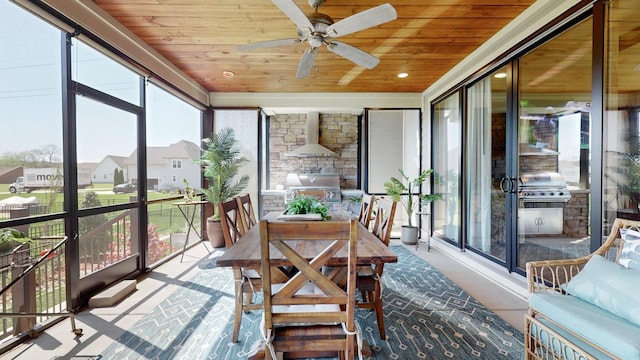 sunroom featuring wood ceiling, floor to ceiling windows, and a ceiling fan