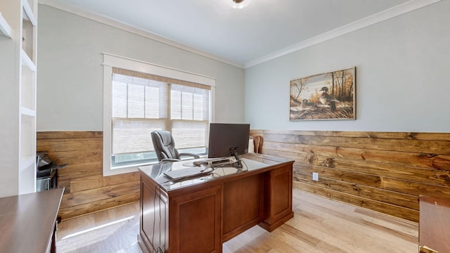 office space with wooden walls, light wood-style floors, crown molding, and a wainscoted wall