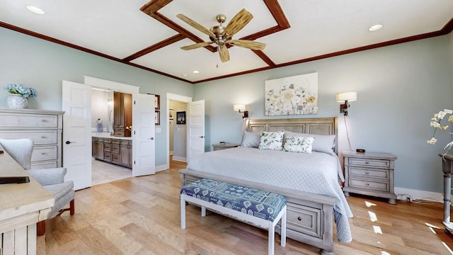 bedroom with crown molding, recessed lighting, and light wood-style floors