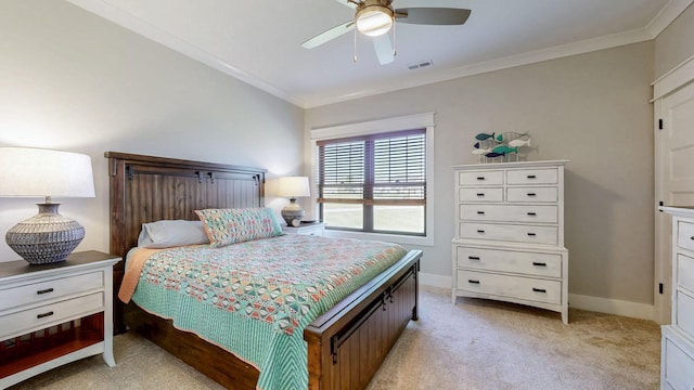bedroom with light colored carpet, baseboards, ornamental molding, and visible vents