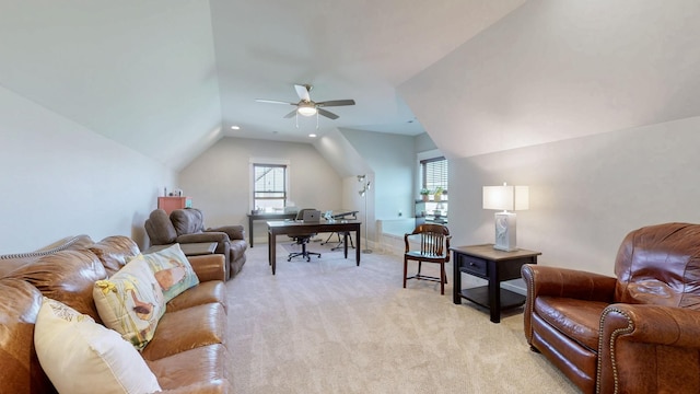 office area with baseboards, vaulted ceiling, recessed lighting, a ceiling fan, and light colored carpet