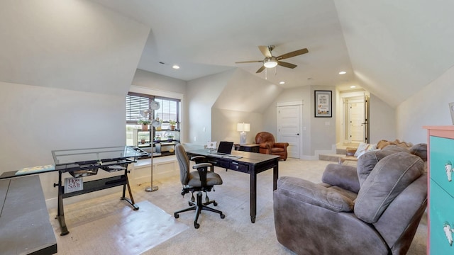 carpeted home office featuring ceiling fan, vaulted ceiling, and recessed lighting
