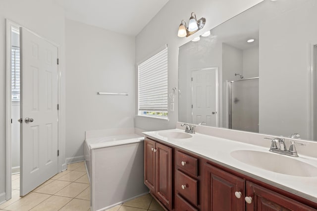 142 Big Ben Ct, Franklin, TN 37067 - full bath with a shower stall, double vanity, a sink, and tile patterned flooring
