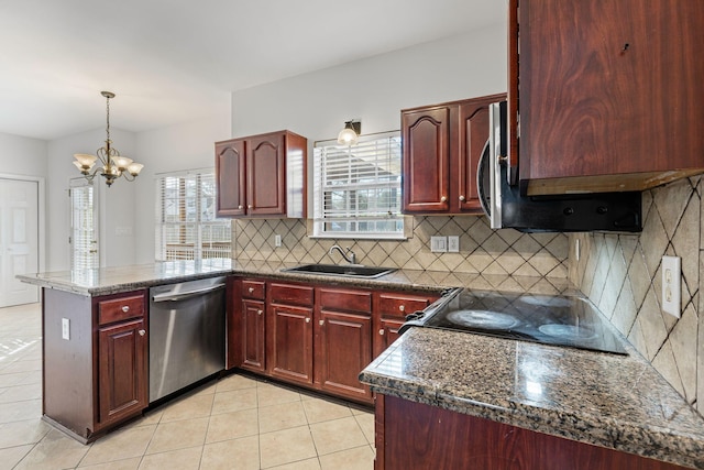 142 Big Ben Ct, Franklin, TN 37067 - kitchen featuring a peninsula, light tile patterned floors, dishwasher, a sink, and reddish brown cabinets