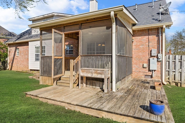 142 Big Ben Ct, Franklin, TN 37067 - back of property featuring a wooden deck, a sunroom, a yard, brick siding, and a chimney