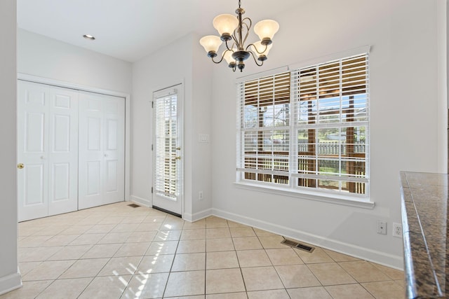 142 Big Ben Ct, Franklin, TN 37067 - unfurnished dining area featuring visible vents, baseboards, a chandelier, and light tile patterned flooring