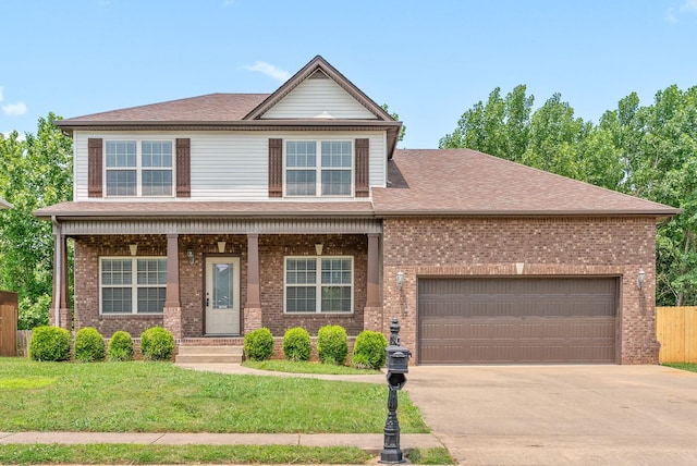 1313 Allmon Dr, Clarksville, TN 37042 - view of front of home with brick siding, a shingled roof, an attached garage, concrete driveway, and a porch
