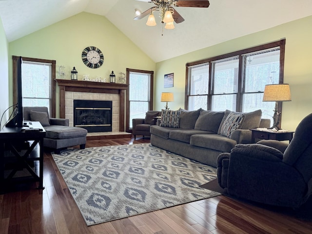 living room featuring a ceiling fan, wood finished floors, and a healthy amount of sunlight